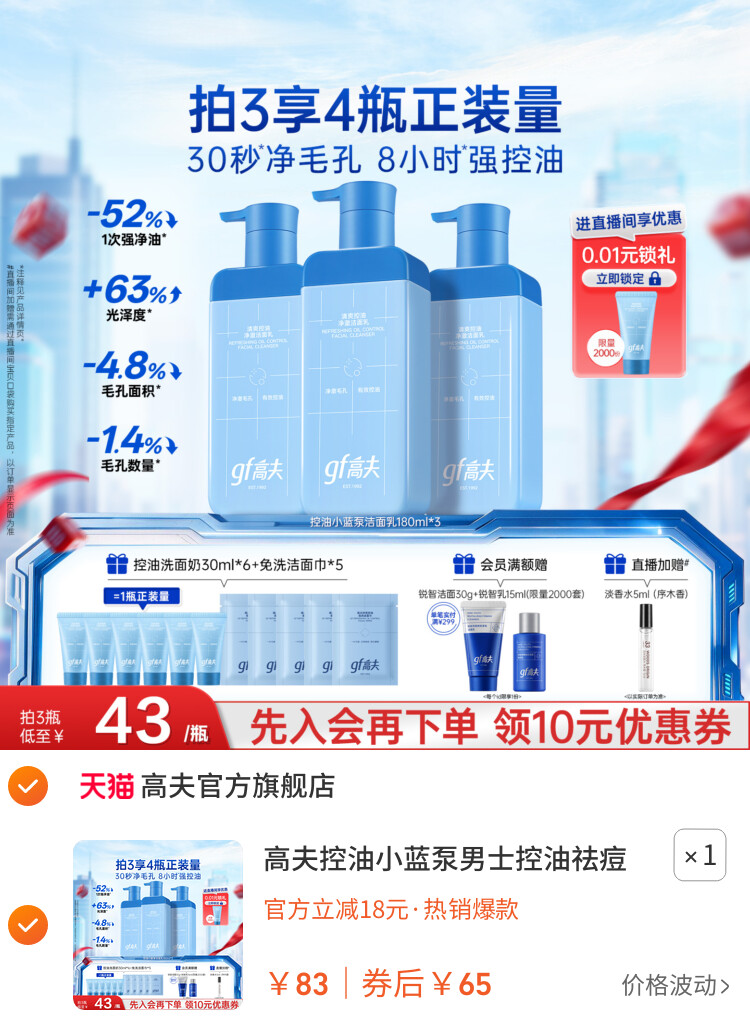 高夫控油小蓝泵男士控油祛痘洗面奶氨基酸洁面乳净黑头男生专用 主图