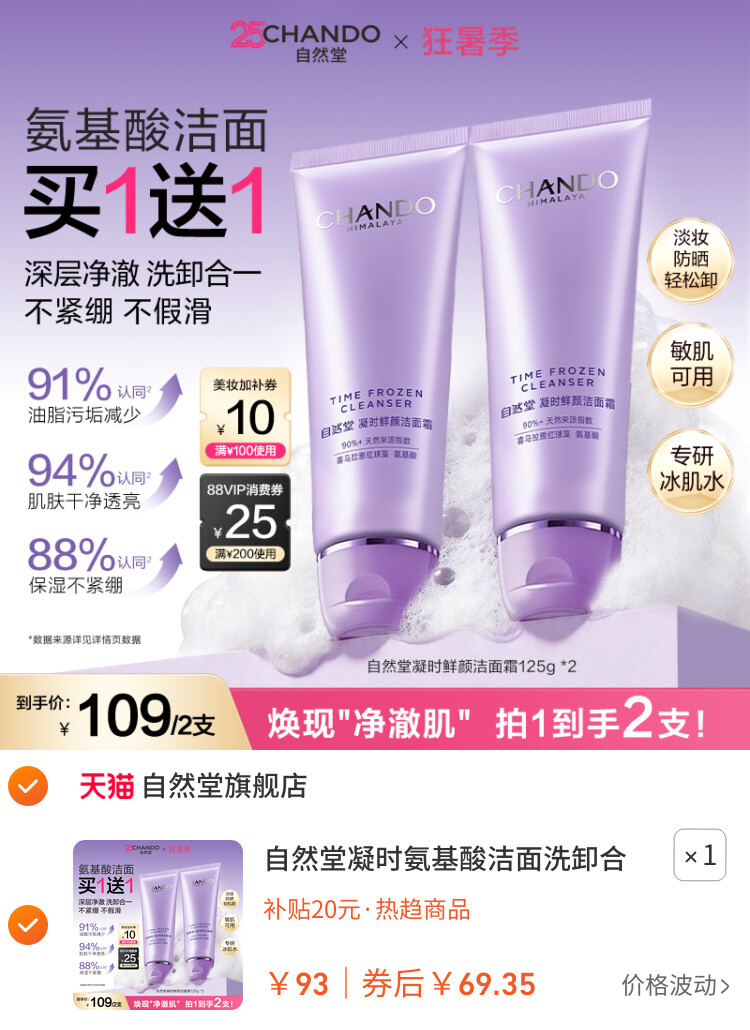 自然堂凝时氨基酸洁面洗卸合一保湿洁面乳温和敏肌可用洗面奶女 主图