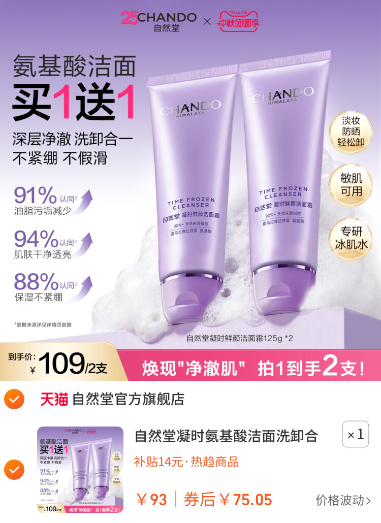 自然堂凝时氨基酸洁面洗卸合一保湿洁面乳温和敏肌可用洗面奶女 主图