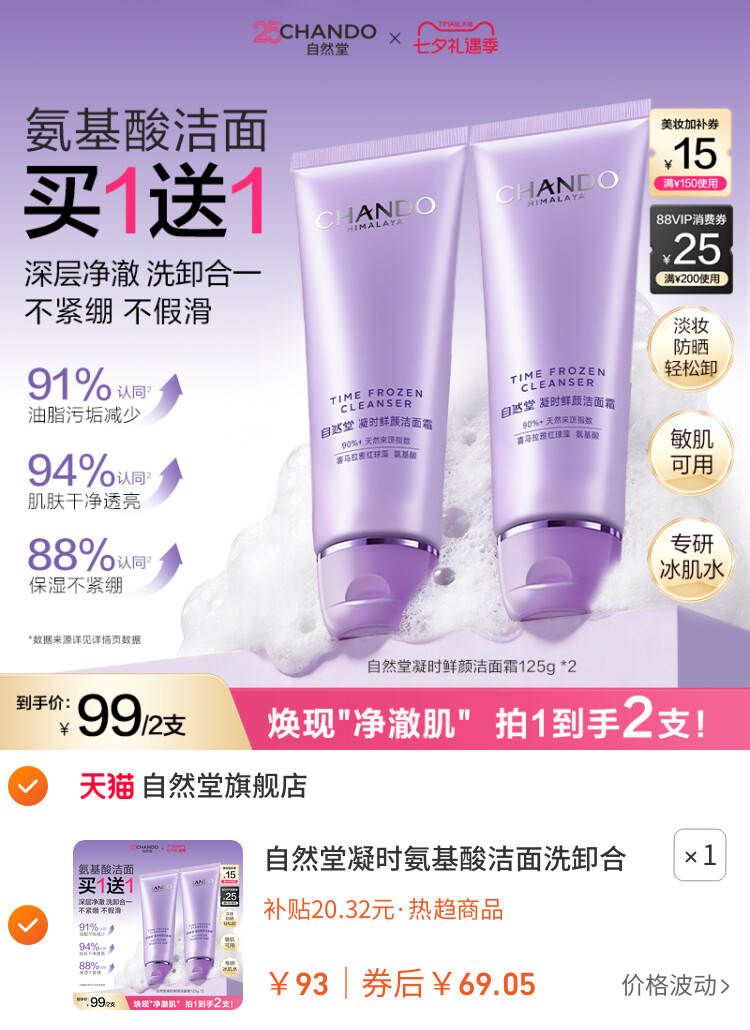 自然堂凝时氨基酸洁面洗卸合一保湿洁面乳温和敏肌可用洗面奶女 主图