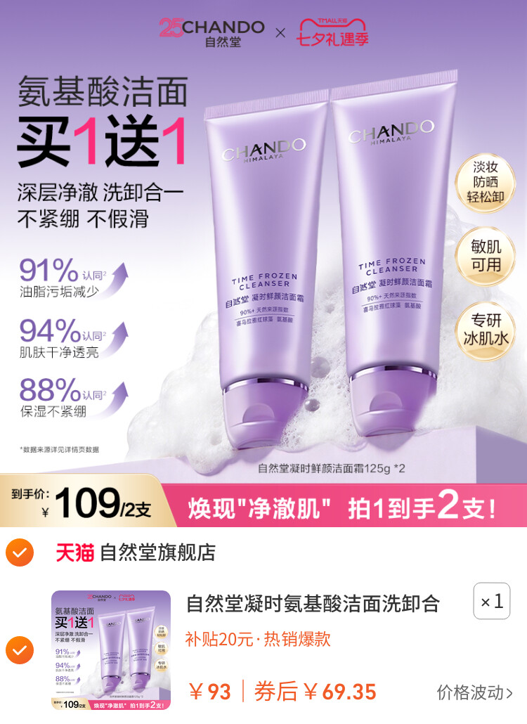 自然堂凝时氨基酸洁面洗卸合一保湿洁面乳温和敏肌可用洗面奶女 主图